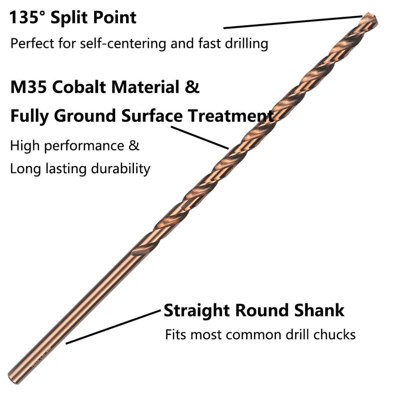 Cobalt Extra Long Drill Bits Set(5PCS), M35 High Speed Steel Extension Drill Bit, 12" Deep Hole Drilling for Stainless Steel, Plastic and Wood 5PCS(1/8"-3/8")