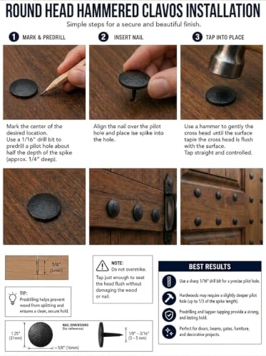 1.5”- ROUND HAMMERED Clavos Nails | Hand Forged Iron Black Decorative Hardware Doors Gates Beams Furniture Rustic Old World Farmhouse Accent (5) 5