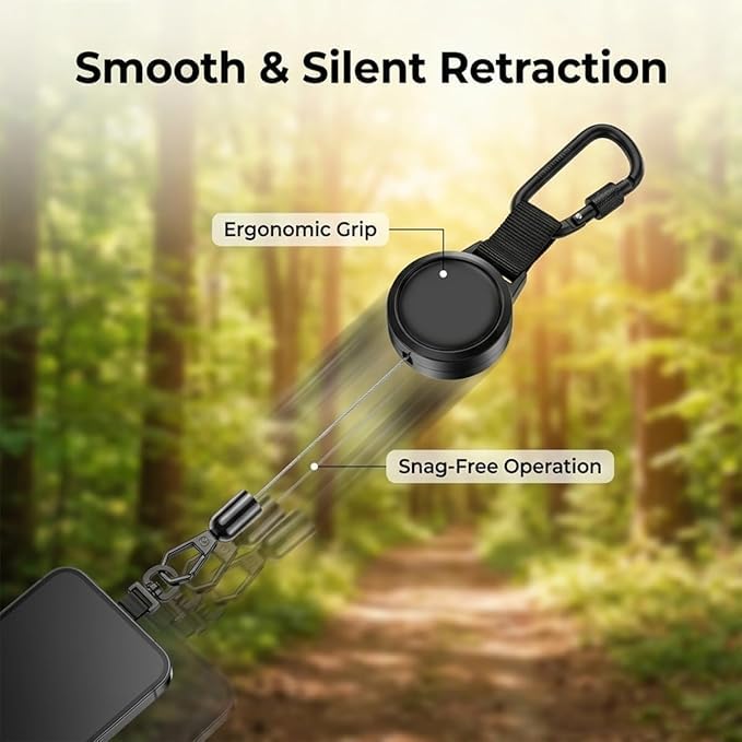 2 Pack Anti-Theft Phone Tether, Retractable Phone Lanyard with Steel Cable, Locking Carabiner & 360° Swivel, Universal Phone Tether Tab for Outdoor Skiing, Hiking, Fishing, Travel & Daily Use, Black