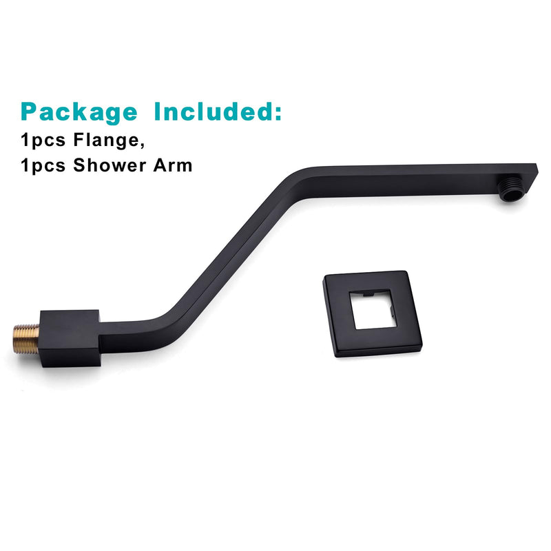 16 Inch S Shape Matte Black Shower Head Arm, Square Wall Mounted Shower Arm and Flange Included