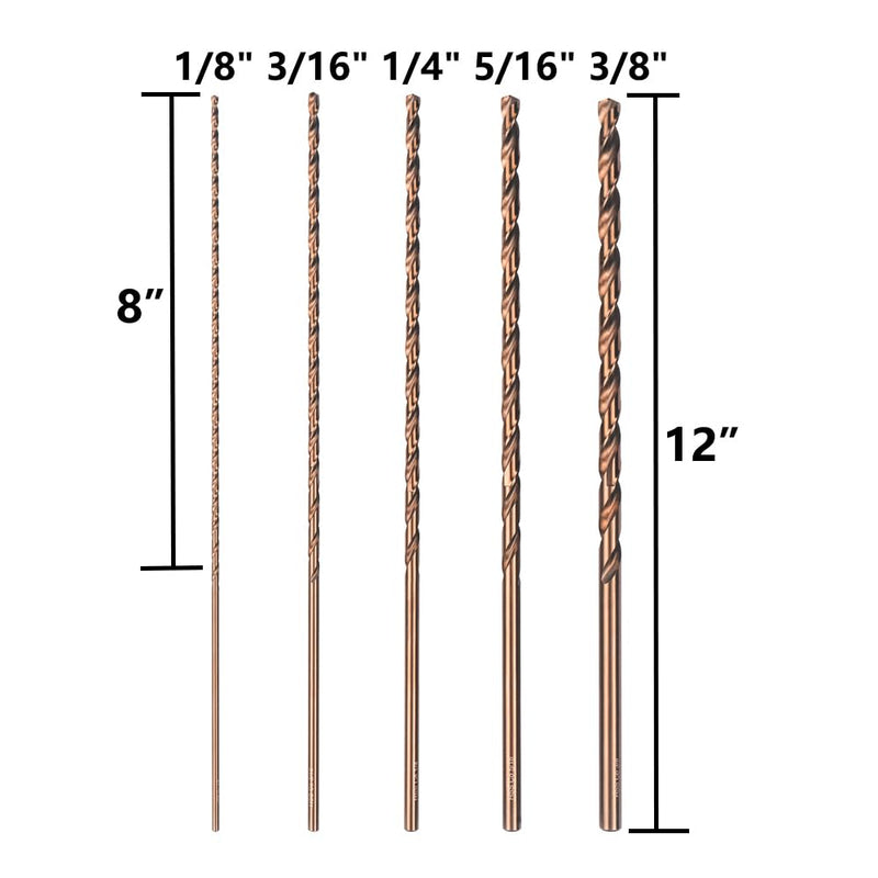Cobalt Extra Long Drill Bits Set(5PCS), M35 High Speed Steel Extension Drill Bit, 12" Deep Hole Drilling for Stainless Steel, Plastic and Wood 5PCS(1/8"-3/8")