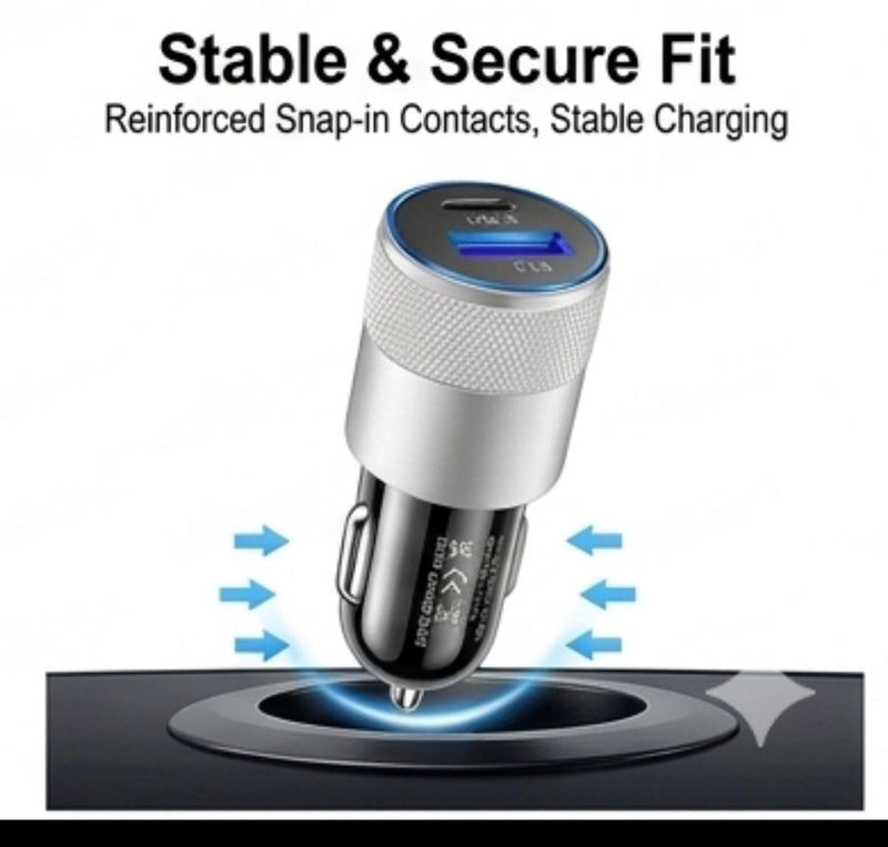 Dual-Port USB Fast Car Charger, USB-C PD and 3.1A USB-A, 15W Total Output, Metal Knurled Grip, Universal 12-24V, Model CC-PD1 Silver/Black