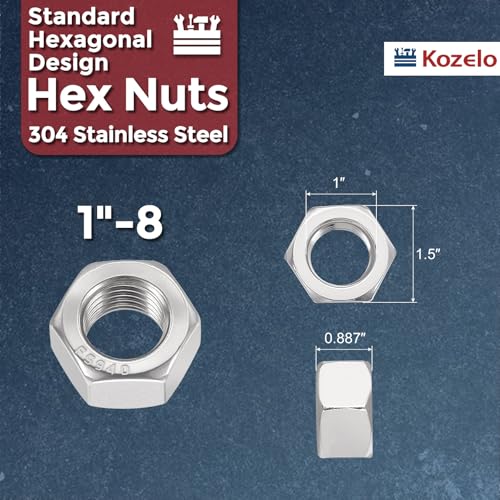 5pcs Hex Nuts - [1"-8] 304 Stainless Steel 18-8 (A2-70) Hardware Nuts for Mechanical Repair & Assembly, Standard Inch Coarse Thread Nut, Bright Finish, Silver 1"-8 5
