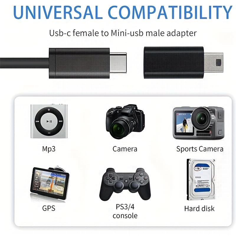 USB-C to Mini USB Adapter, Type-C Female to Mini USB Male, Supports Charge & Data Sync, Compatible with Digital Camera, GPS, Dash Cam, MP3 Player