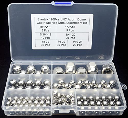 120 Pieces #6-32#8-32#10-24 1/4-20 5/16-18 3/8-16 1/2-13 UNC 304 Stainless Steel Acorn Dome Cap Head Hex Nuts Assortment Kit