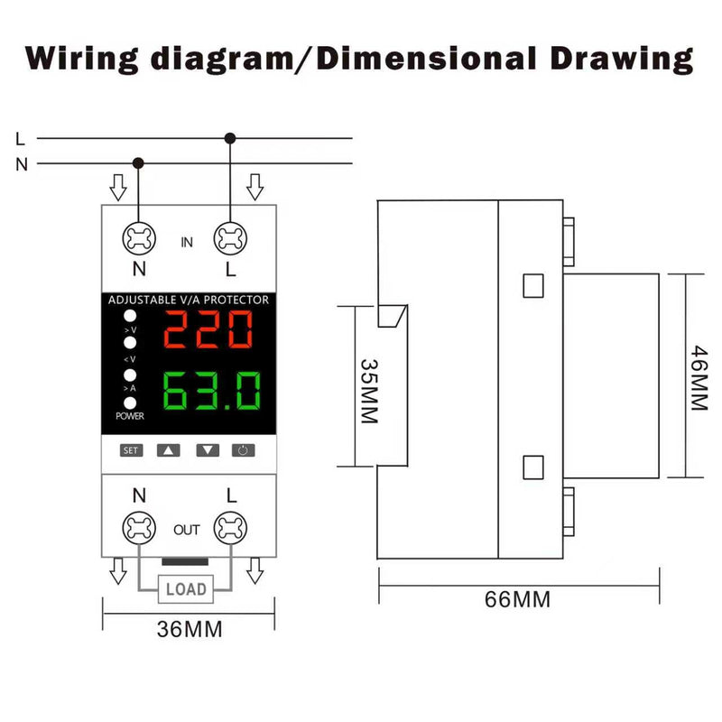 Voltage Protector, AC 110V 220V/DC 80-300V, 1-63A Adjustable Smart Circuit Breaker, Over Voltage & Under Voltage Cut Off, DIN Rail Mount, 2 Pack 63A-2 PCS