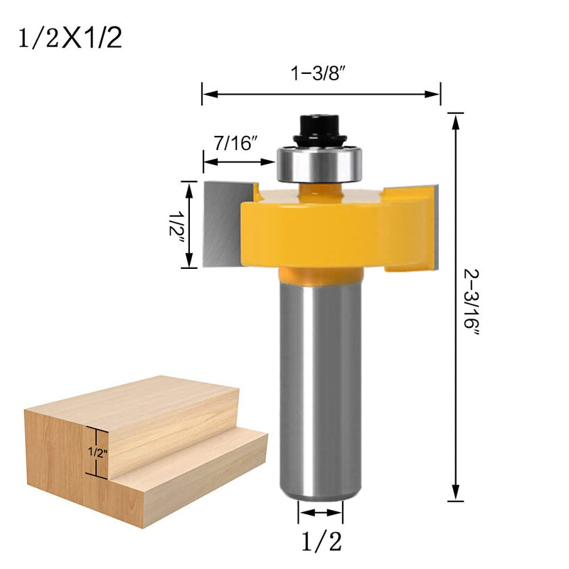 1/2 Inch Shank Rabbet Router Bit Set, 3 Pieces Rabbeting Router Bit with 6 Bearings Set (1/8", 1/4", 5/16", 3/8", 7/16", 1/2" Bearings) (1/2 Inch) 1/2 Inch shank