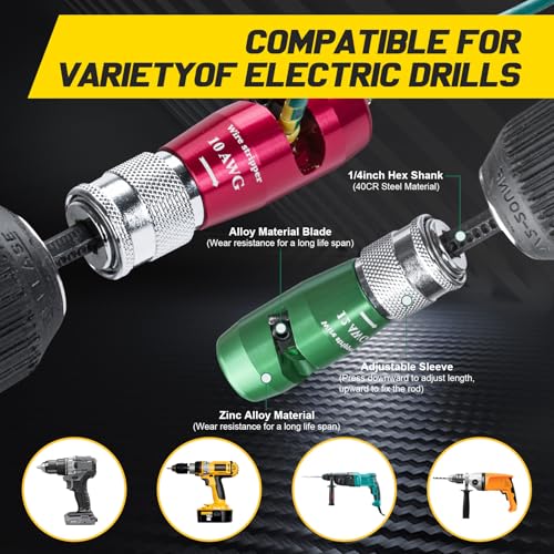 10-14 AWG Wire Stripper & Wire Twister Tool for Drill, with 2 Replacement Blades & 70 Wire Nuts, Fits 1/4" Hex Shaft, AWG 14-12-10 Cable Stripper kit with Storage Case for Wiring Projects & DIY 6Pcs