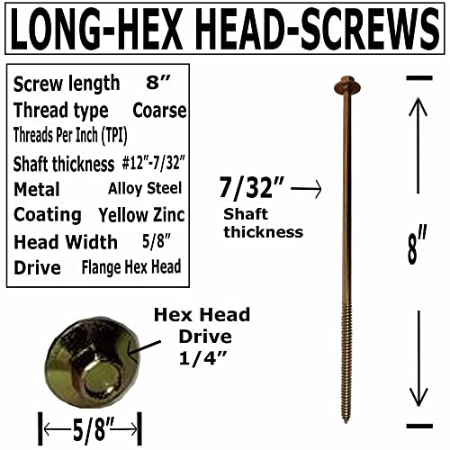 BRAUNY BOY - #12 x 8”- Extra Long Structural Lag Heavy Duty Construction Wood Screw – Yellow Zinc Corrosion Resistant Coating Exterior Timber, Landscape - Easy HEX Head Drive – Flange Head 8 in (20) 20
