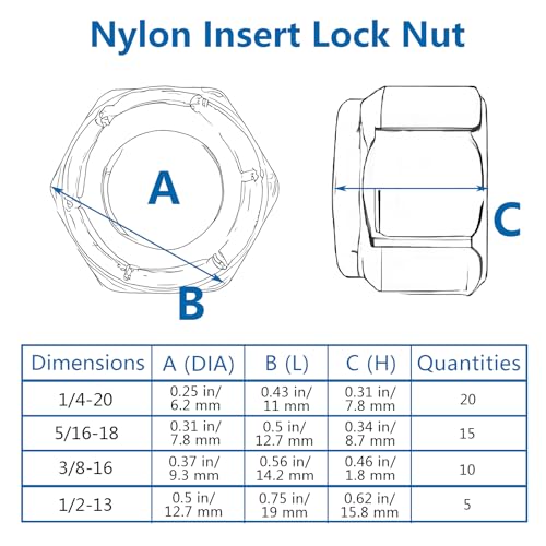50Pcs 316 Stainless Steel Nylon Insert Lock Nuts Assortment Kit-4 Sizes 50 4Size