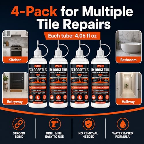 YKF Floor Tile Repair Adhesive, 4-Pack - Grout-Line Injection Glue for Hollow or Squeaky Floor Tiles, Water-Based Formula, 4.06 fl oz Each