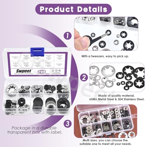Swpeet 208Pcs 9 Sizes 304 Stainless Steel + Manganese Steel Internal Tooth Lock Washers with Tweezers Kit, M2 M2.5 M3 M4 M5 M6 M8 M10 M12 Spring Push On Locking Nuts Speed Clips Retaining Clips