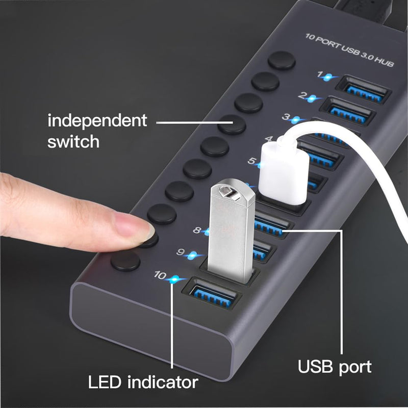 MaxLax 10 Port Aluminum USB 3.0 hub with 10 Port USB Data Transfer,Power Adapter USB Splitter Independent Switch Silver Gray-common 10 ports