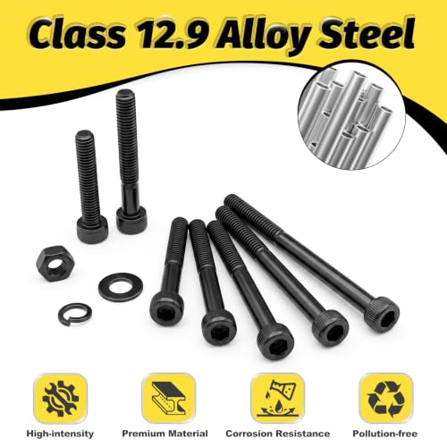 KADRICK 510PCS M3 Long Screws Kit, M3x20/25/30/35/40/45/50mm M3-0.5MM Hex Socket Head Cap Screw Assortment with Nuts & Washers, Class 12.9 Alloy Steel, Black Zinc Plated M3x20-50MM 510PCS