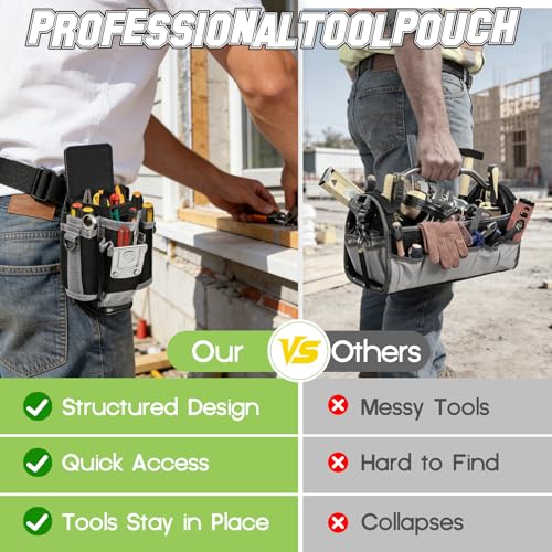 Upgraded Tool Pouch with Belt Clip Replace for MP1X, Leather Backed Small-Sized Tool Pouch– 9 Pockets, Professional Electrician Tool Pouch for Electricians, Carpenters, Repairmen, and DIY etc