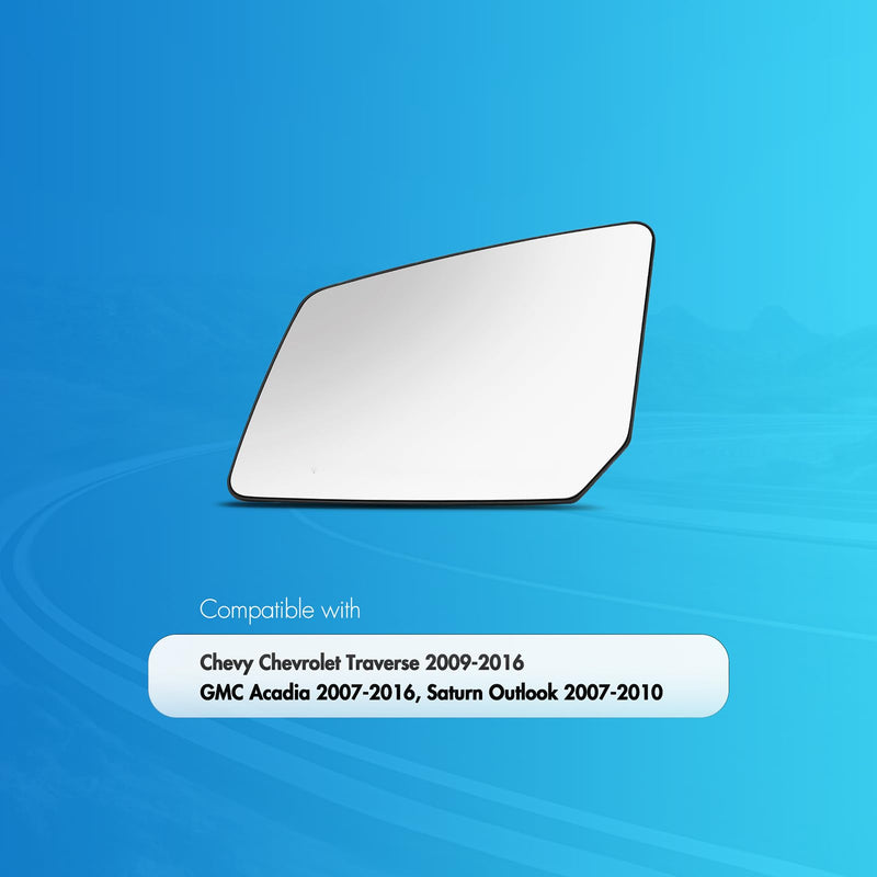Driver Side Mirror Replacement for Chevy Chevrolet Traverse 2009-2016, GMC Acadia 2007-2016, Saturn Outlook 2007-2010 - Left Side Mirror Glass with Backing Plate, Chrome, Power Heated Driver side（LH）