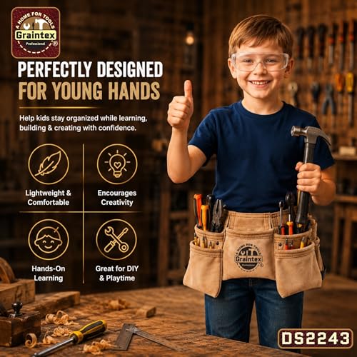Graintex DS2243 :: 9 Pocket Children Tool Belt Beige Color Suede Leather, Kids Real Tool Belt, Boys and Girls Tool Apron for Home Improvement, 1.1/2" Leather Belt, Hammer Loops 9 Pockets