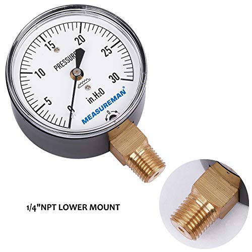 MEASUREMAN Diaphragm Type Capsule Low Pressure Gauge 2-1/2" Dial, 1/4" NPT Lower Mount, Adjustable, 0-30 in H2O(Inches of Water) 0-1.08 PSI