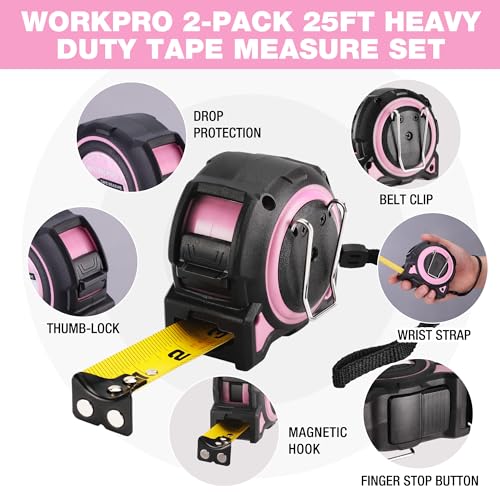 WORKPRO Pink Tape Measure, 25FT Heavy Duty Tape Measurement