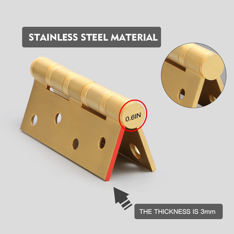 YAGU 3 Pack 4'' Door Hinges Brushed Gold 4 x 3 Inch - Square Corners Stainless Steel Heavy Duty Ball Bearing Hinges for Interior Doors Hardware