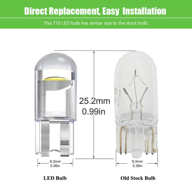 158 LED Bulb W5W 2825 168 192 194, T10 Wedge Base Bulbs 6000K Bright White for Car Side Marker Lights Dome Map Door Courtesy License Plate Taillight 0.5W 10-Pack Cool White