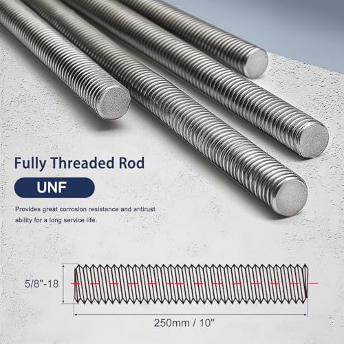 5/8"-18 Fully All Threaded Rod & Studs, 10" Length, 304 Stainless Steel Right Hand Fine Thread Screw for Furniture Anchor Bolts, Clamps, Hangers and U-Bolts 2 Pack 5/8"-18 x 10"