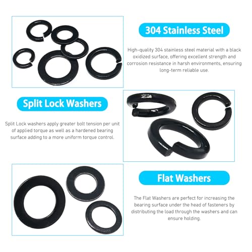 100 Sets 304 Stainless Steel Flat and Spring Washers Assortment Kit for Bolts,100pcs M8x14mmx1mm Flat Gasket + 100pcs M8 Metric Split Lock Washers,Black Zinc Plated(Black)