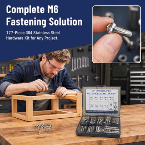 177Pcs M6 Bolts Kit 9 Sizes (8mm–40mm) 304 Stainless Steel M6 Socket Head Cap Screws with Nuts Flat Washers & Lock Washers for Furniture Bed Frame and Bolts Replacement