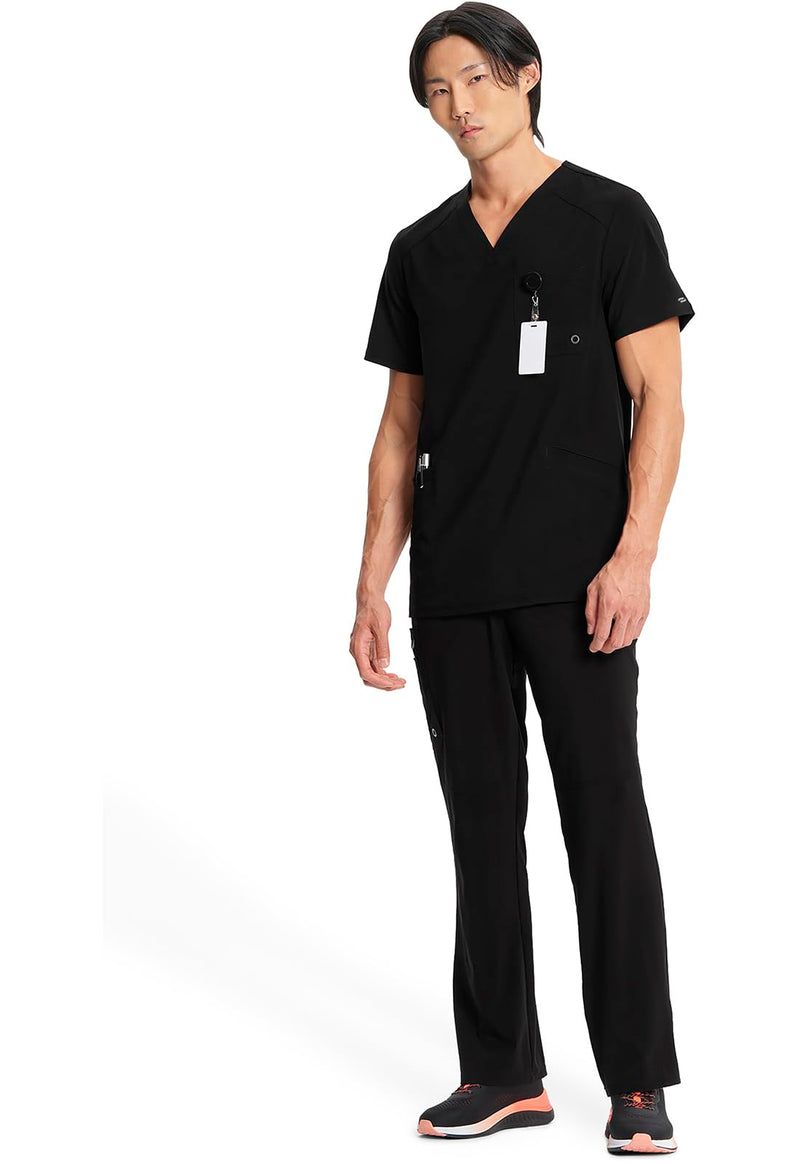 Cherokee Infinity Mens V-Neck Scrub Top Modern Fit, 3 Pockets, Rib-Knit Back Panels, Moisture-Wicking 360° Stretch – CK900A Large Black