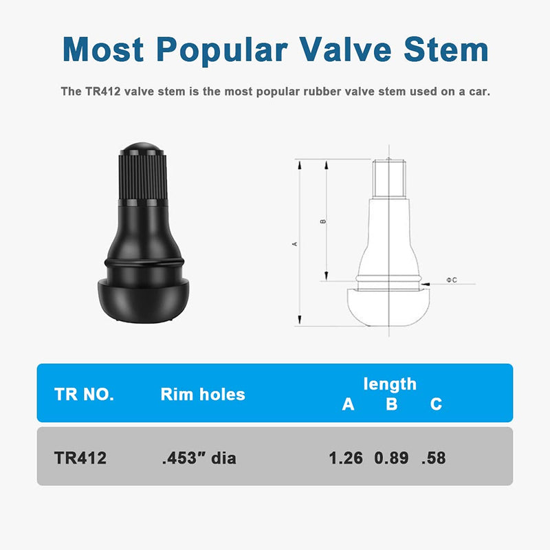 Riseuvo 5pcs TR412 Tire Valve Stem - Rubber Snap-in Valves, Tubeless Valve Stems Suit for 0.453 inch Rim Holes on Standard Vehicle Tires