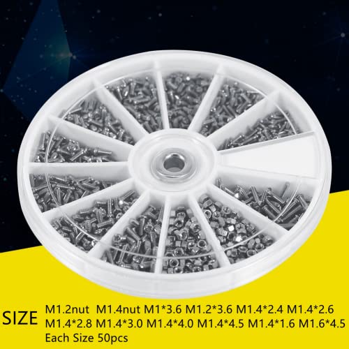 Hilitand 600Pcs 12 Kinds of Small Flat Head Screws with Nuts Assortment Kits for Watches Electric appliances Fasteners (Size M1 M1.2 M1.4 M1.6)