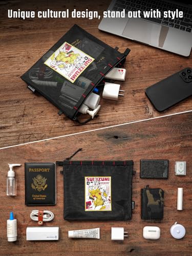 TACTICAL GEEK Storage A12 Sunizumi Shoten Collaborative EDC Organizer Pouch: Manga-Style Semi-Transparent Mesh Bag for Digital Tool Organization Black