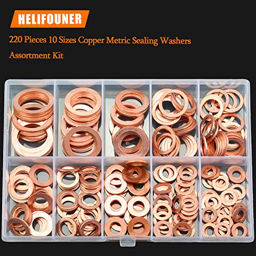 220 Pieces Copper Washers, HELIFOUNER 10 Sizes Copper Metric Sealing Washers, Flat Washers Assortment Kit (M5 M6 M8 M10 M12 M14 M16)
