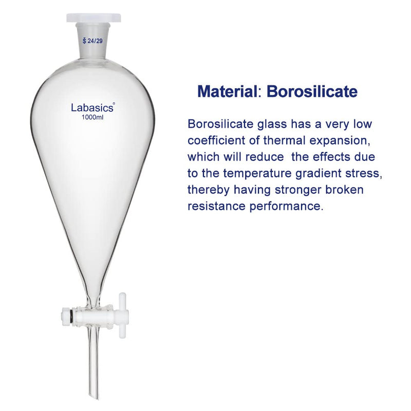 Labasics Conical Separatory Funnel, 1000 ml Heavy Wall Borosilicate Glass Separating Funnel with 24/29 Joints and PTFE Stopcock