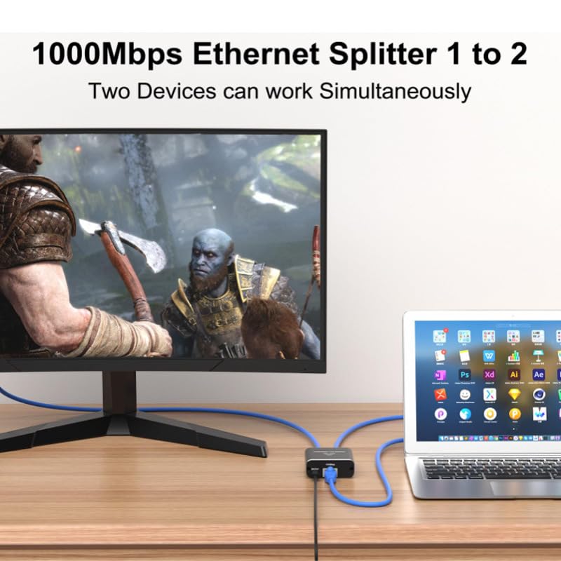 Gigabit Ethernet Splitter 1 to 2 - Network Internet Splitter Adapter with USB Power Cable, RJ45 1000Mbps High Speed for Cat 5/5e/6/7/8 Cable [2 Devices Networked Simultaneously]