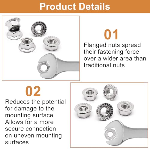 50Pcs Hexagon Flange Nuts M10 x 1.25mm Thread 304 Stainless Steel Serrated Flange Hex Nuts Bright Finish Lock Nuts M10 x 1.25