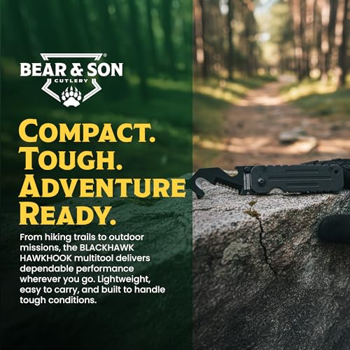 BLACKHAWK HAWKHOOK Compact Survival Multitool, 2-1/4” 9CRMOV18 Blade with G10 Handle with Glass Breaker, Seatbelt Cutter, Serrated Edge, Wire Stripper, Screwdriver, Bottle Opener (BH15HH11BK)
