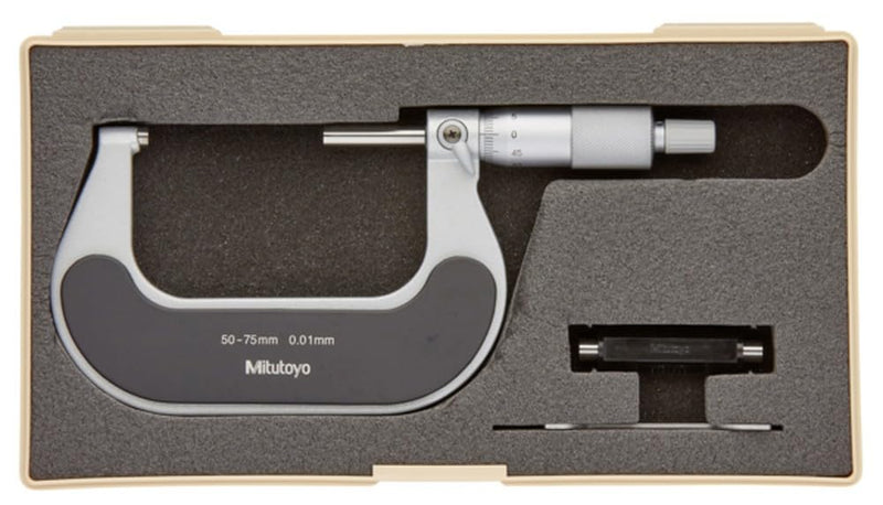 Mitutoyo 102-301 Outside Micrometer, Heat Insulated Frame, Ratchet Stop, 0-25mm Range, 0.01mm Graduation, +/-0.002mm Accuracy | Ratchet Stop, Heat Insulated Frame, 0.01mm Graduation, +/-0.002mm Accuracy