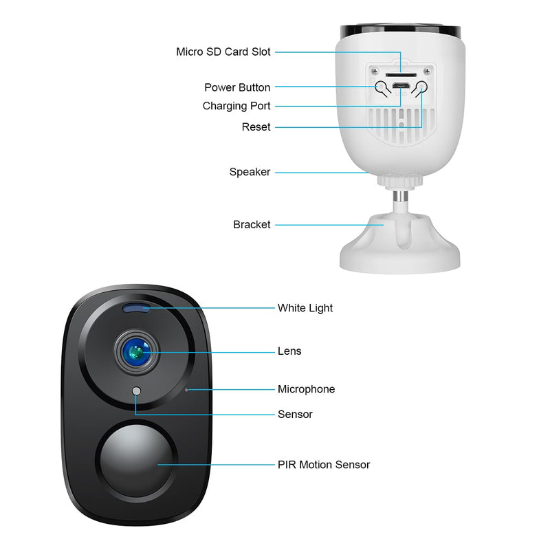 EVERSECU 2K 3MP Outdoor Wireless Security Camera Support Pairing Via Bluetooth, Rechargeable Battery-Powered WiFi Home CCTV Bullet Camera, Spotlight, PIR Motion Detection, 2-Way Audio, Night Vision White