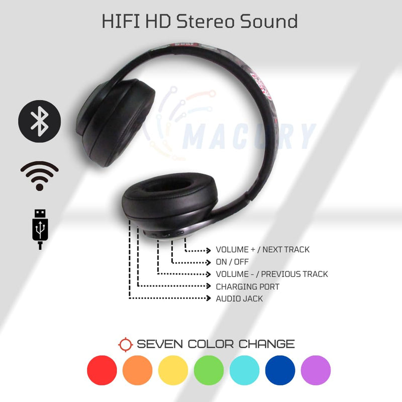 Bluetooth Headphone, Over Ear, Foldable, Adjustable. Glowing Led Light, Noise Cancelling, HiFi Sound Quality (Black) Black