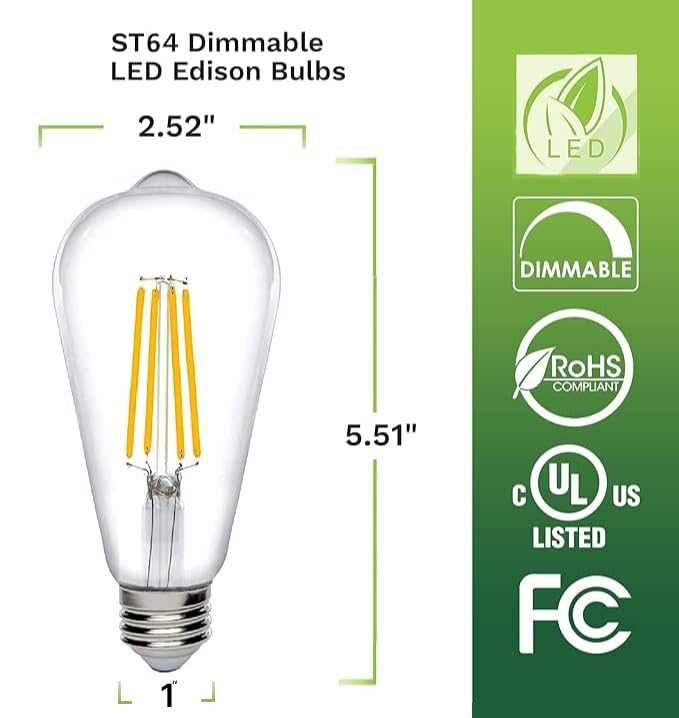 Bioluz Dimmable Edison Light Bulbs - 800 Lumen Soft White 3000K LED Replacement for Incandescent Light Bulbs - 6-Pack Vintage Soft White Light Bulbs for Dimmable Lighting and Soft Lighting 6 Count (Pack of 1)