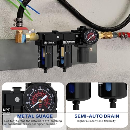 NEWPO 3/8'' NPT Air Drying System, Double Brass Filter Compressed Air Regulator, Air Pressure Regulator Combo 5&5 Micron Filter Cartridge,Semi-Auto Drain 5&5 brass-3/8" NPT