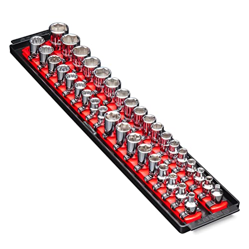 Ernst Manufacturing - 8453 Socket Boss 2-Rail 3/8-Inch-Drive Socket Organizer, 19-Inch, Red - Socket Storage Tray and Organization System for Mechanics and Automotive Service Technicians 3/8"