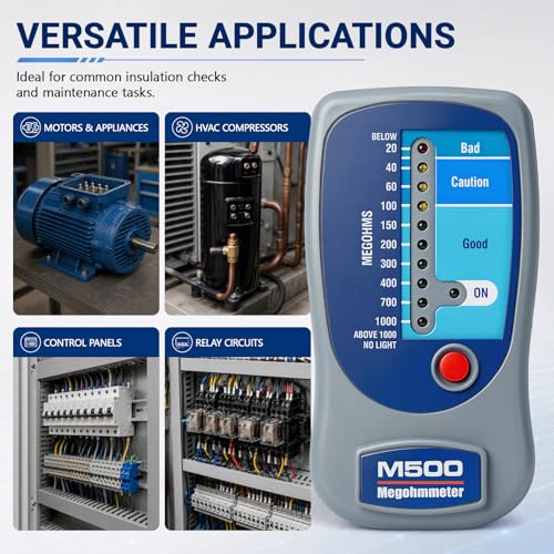 M500 Megohmmeter,Compatible with Supco M500 Electronic Megohmmeter,0 to 1000 Megohms,for HVAC,Motors,Refrigerator Compressors,500 Volts Megohmmeter,Portable Appliances,with Soft Case Insulation Tester