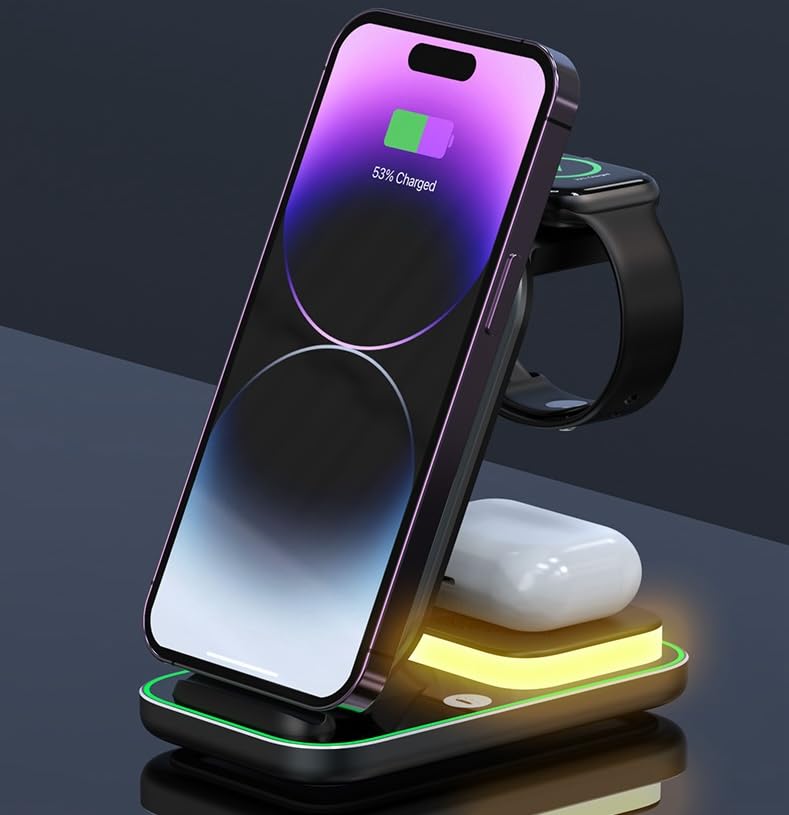 MagSafe-Compatible Wireless Charging Station: 3 in 1 Charger Stand Compatible with Apple iPhone, Apple Watch and AirPods - Includes Built-in Night Light - Adjustable Phone Height (Gray) Gray