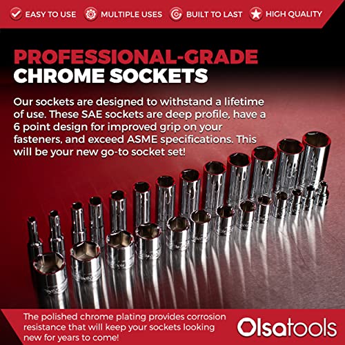 Olsa Tools 1/4-Inch Drive SAE Deep Socket Set - 13pc 13pc, 1/4-Inch Drive