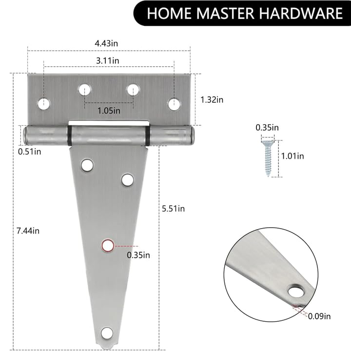 HOME MASTER HARDWARE 6 Inch Stainless Steel Gate Hinges for Wooden Fences Heavy Duty Tee Hinges,Shed Door Hinge,T-Strap Hinge for Outdoor Barns Gate with Screws 4 Pack 6" - 4pack
