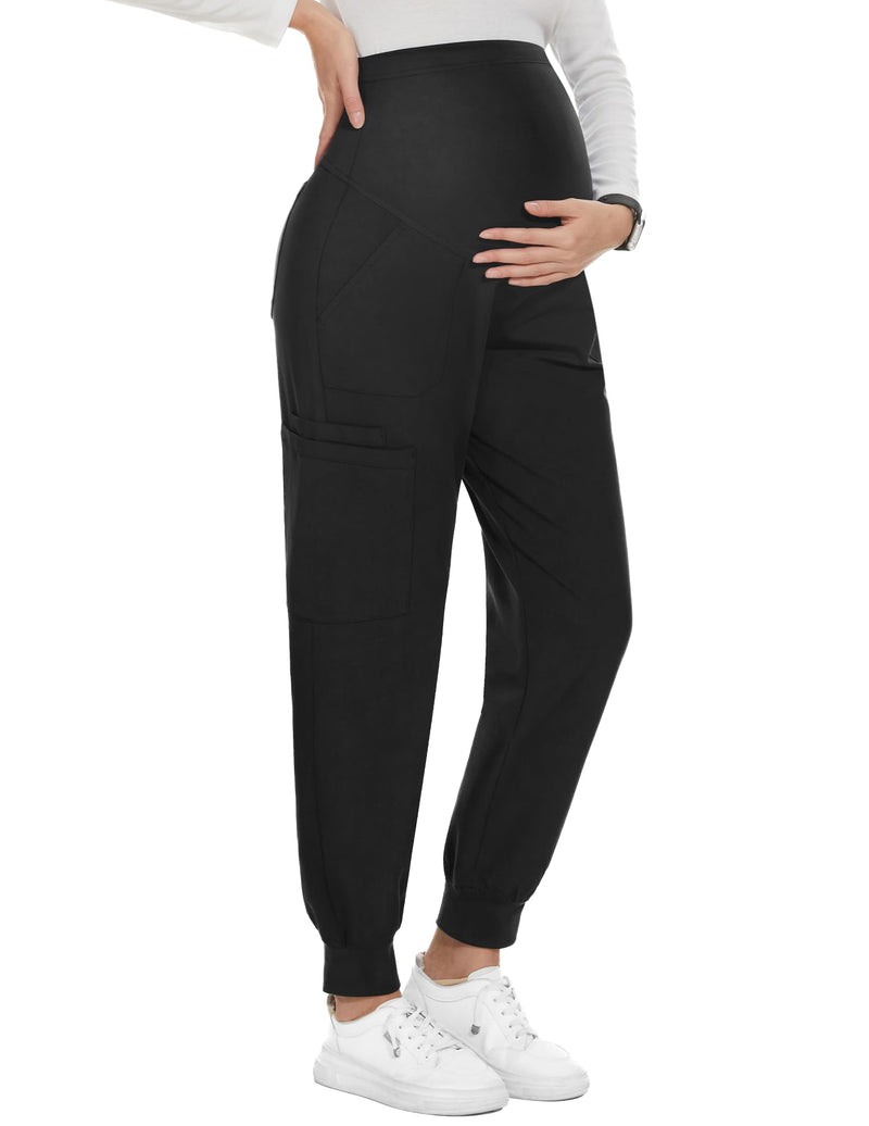 PACBREEZE Women's Maternity Scrubs with 6 Pockets, Workwear Maternity Jogger Scrubs Pregnancy Pants, S-XXL Large 01 Update Black