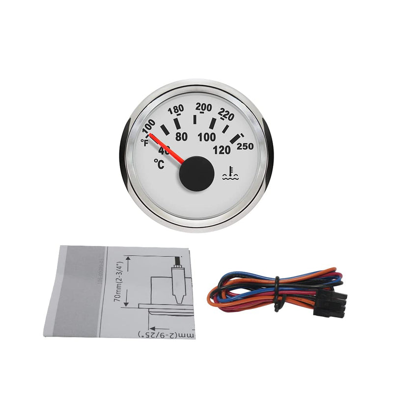 ELING 2" Auto Marine Water Temp Gauge Kit Temperature Gauge 40-120℃ 52mm Diameter 12V 24V with Red Backlight for Tractor Vessels White+Stainless Steel pointer