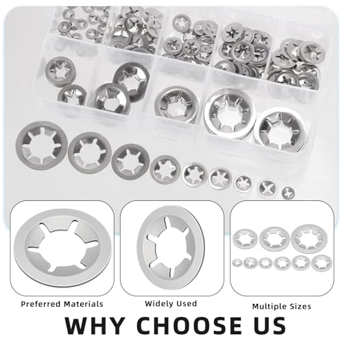 Glarks 210Pcs Metric M2 M2.5 M3 M4 M5 M6 M8 M10 M12 304 Stainless Steel Internal Tooth Star Lock Washers Assortment Kit External Push Rings Quick Speed Locking Washers with 1Pcs tweezer